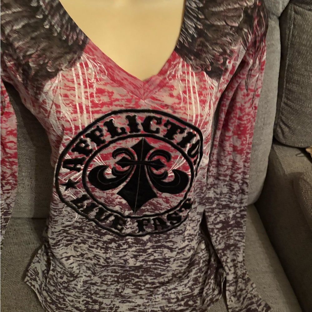 Affliction Women's Red and Gray Long Sleeve Top